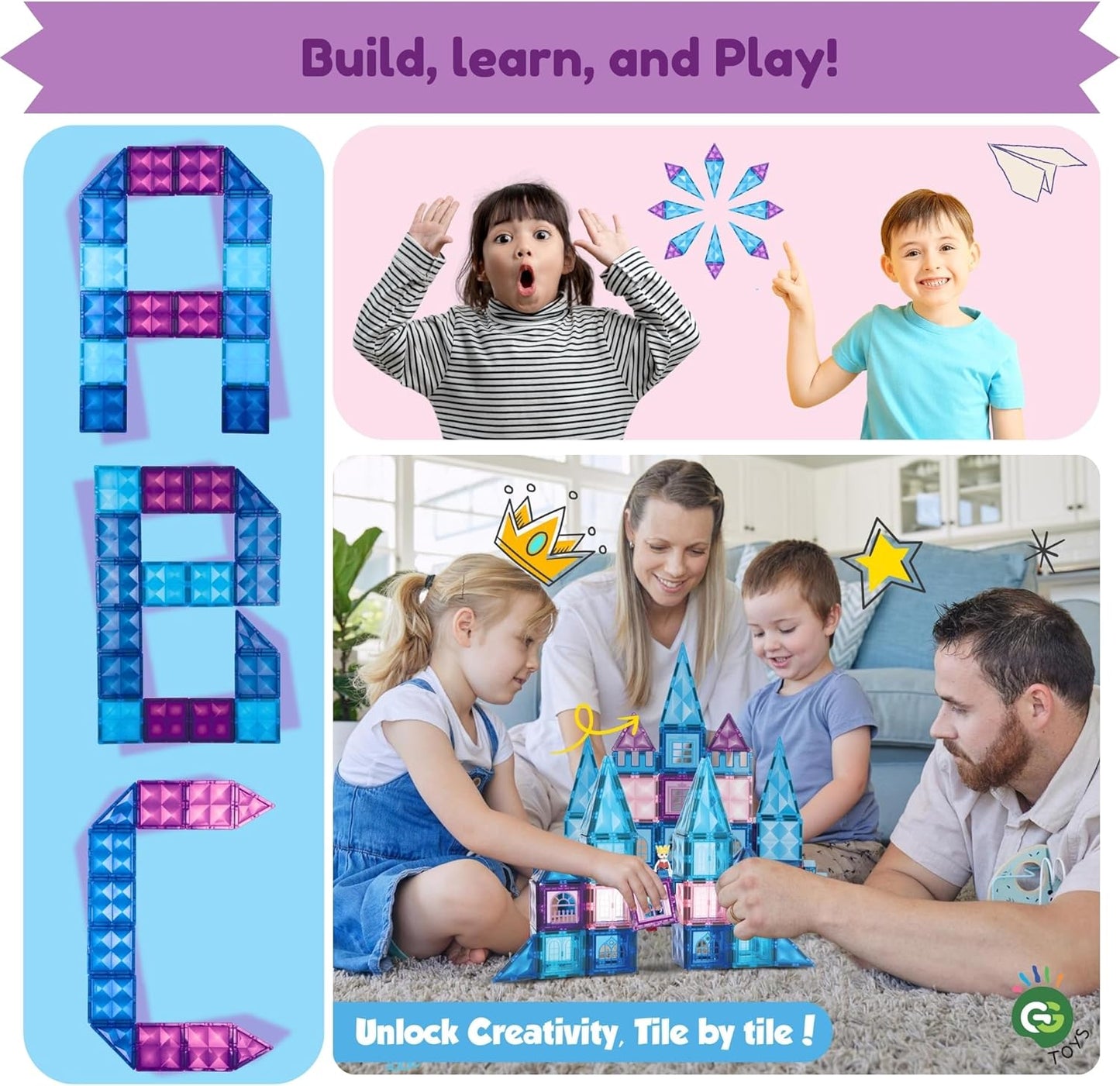 粉紫城堡磁力積木套裝 102片 Piece Magnetic Tiles Construction Set –Purple Pink Castle 102PCS