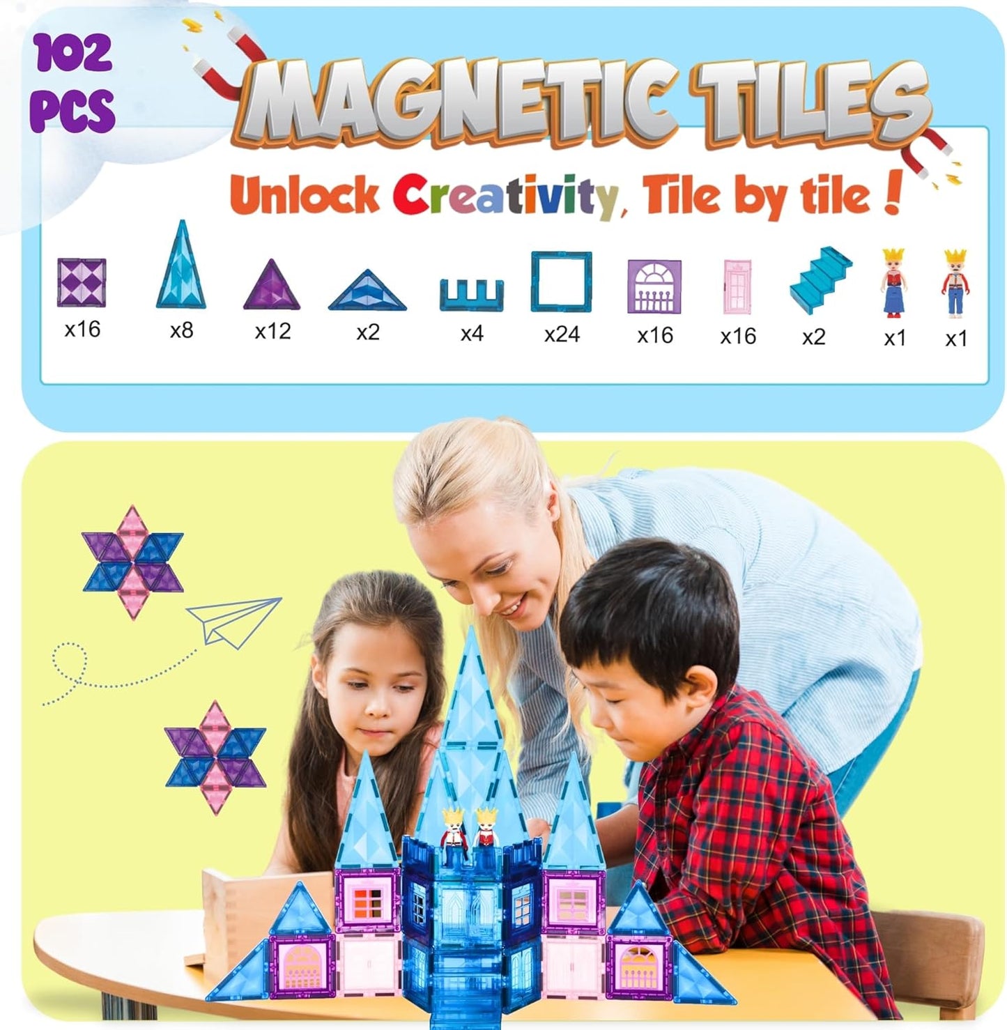 粉紫城堡磁力積木套裝 102片 Piece Magnetic Tiles Construction Set –Purple Pink Castle 102PCS