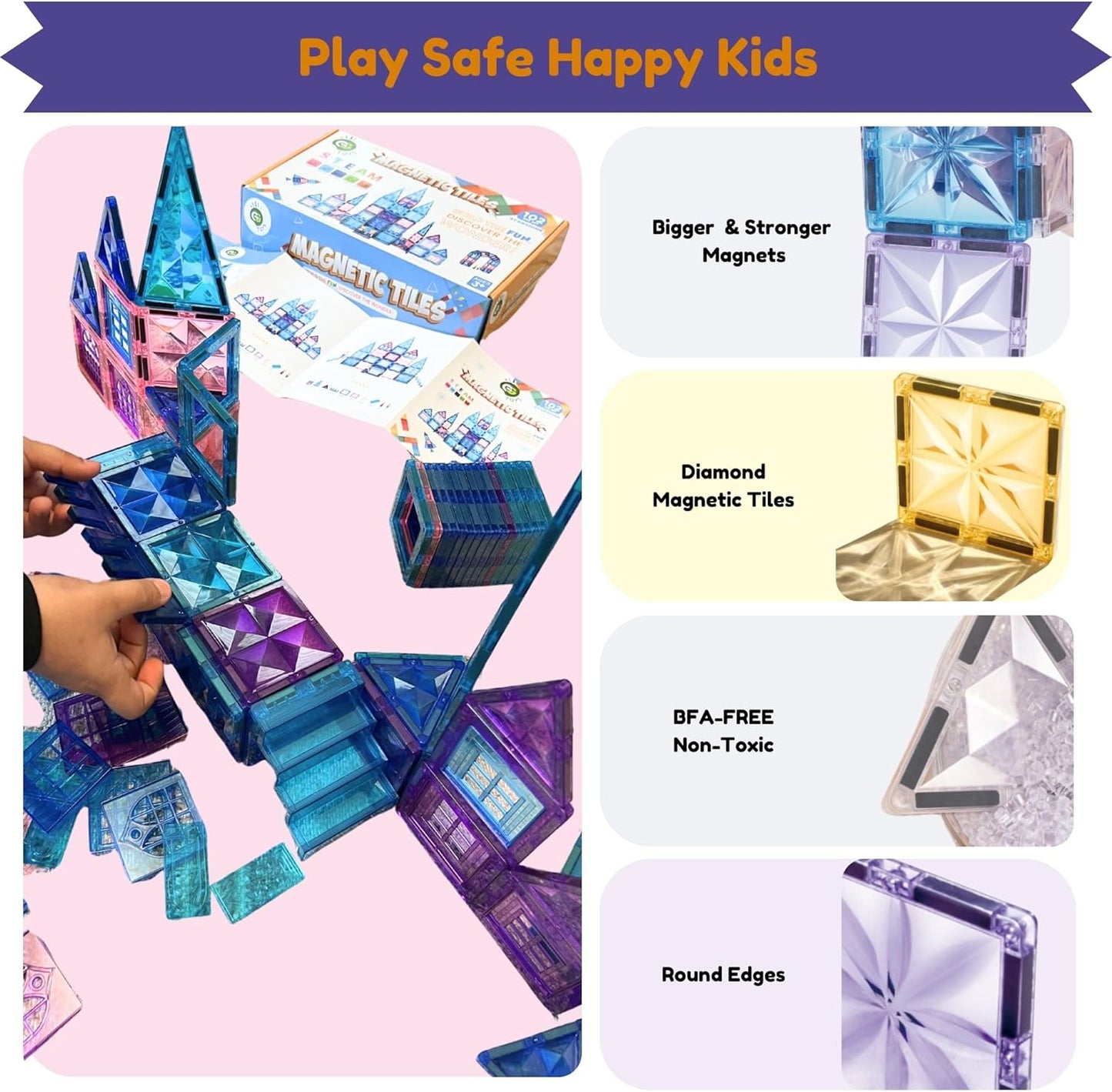 粉紫城堡磁力積木套裝 102片 Piece Magnetic Tiles Construction Set –Purple Pink Castle 102PCS