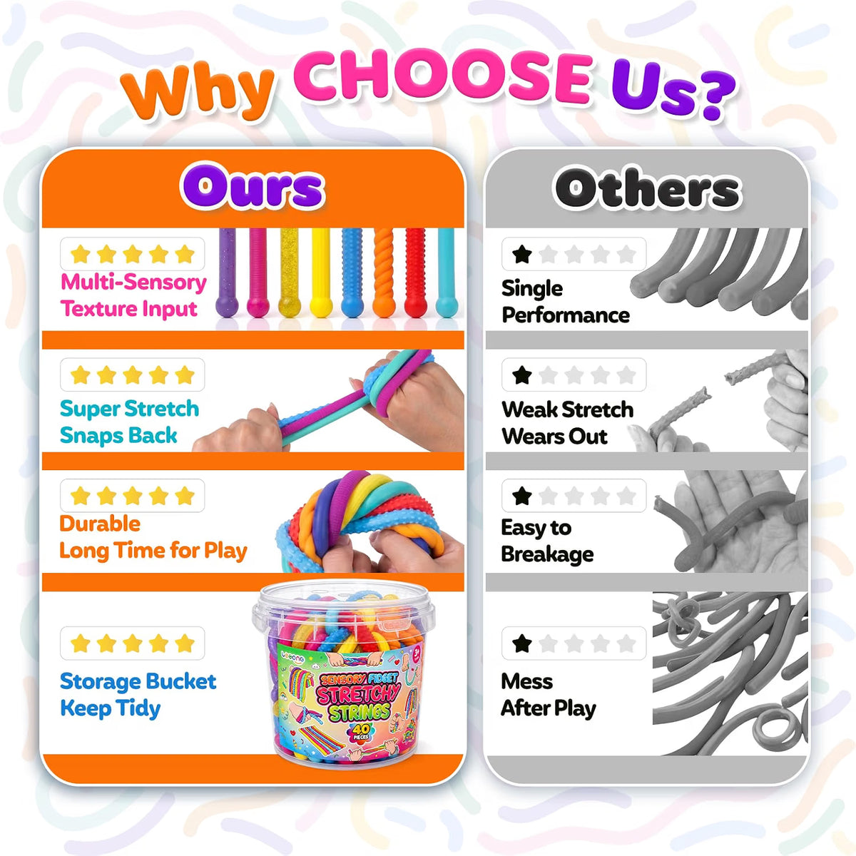 LESONG 凸紋彈力拉伸麵條連收納桶 Textured Stretchy Noodle Fidgets with Bucket (Pack of 40)