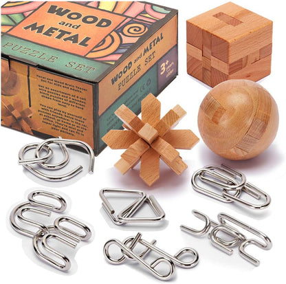 LESONG 腦力挑戰解環套組 Brain Teaser Puzzles - 9 Pack Metal & Wood Set