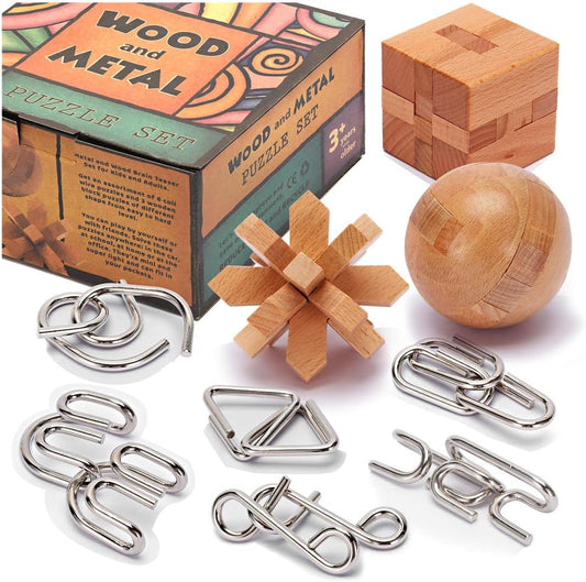 LESONG 腦力挑戰解環套組 Brain Teaser Puzzles – 9 Pack Metal &amp; Wood Set