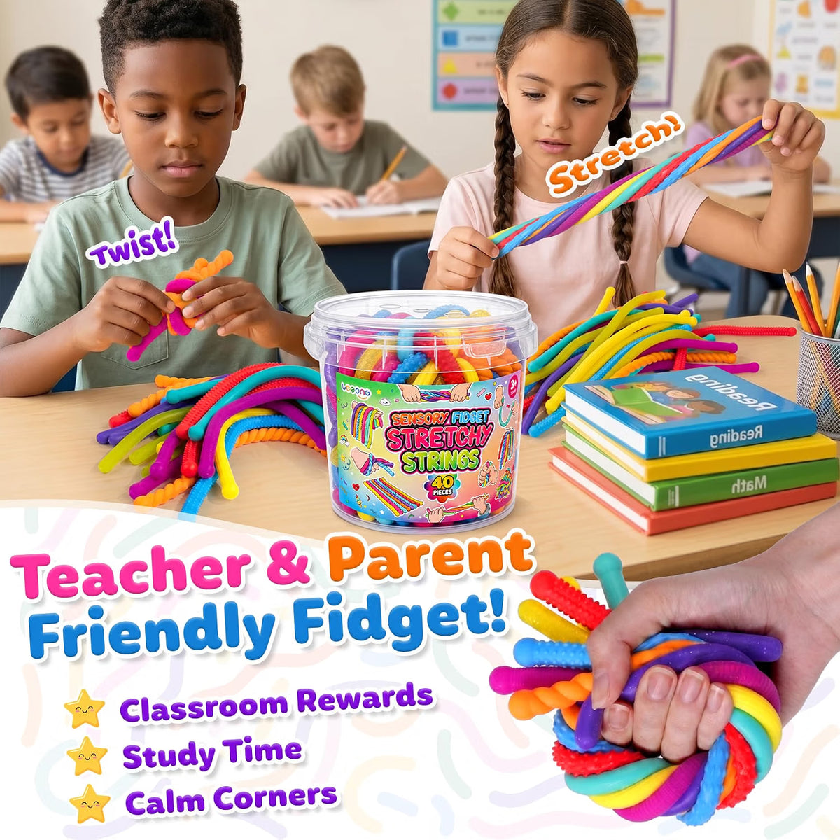 LESONG 凸紋彈力拉伸麵條連收納桶 Textured Stretchy Noodle Fidgets with Bucket (Pack of 40)
