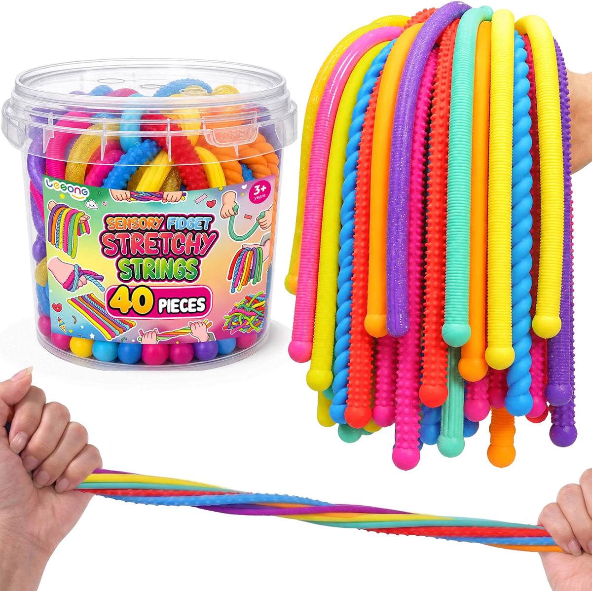 LESONG 凸紋彈力拉伸麵條連收納桶 Textured Stretchy Noodle Fidgets with Bucket (Pack of 40)