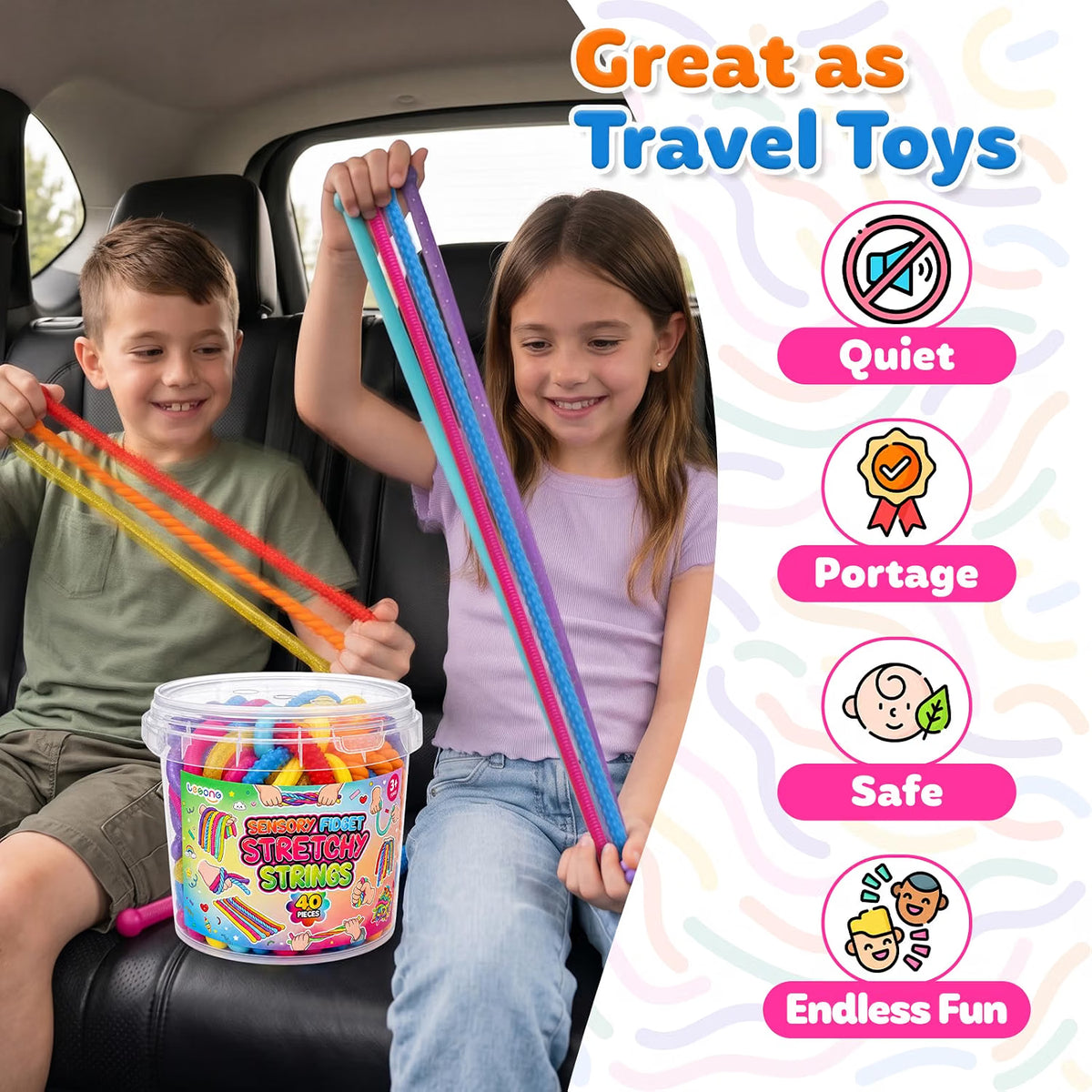 LESONG 凸紋彈力拉伸麵條連收納桶 Textured Stretchy Noodle Fidgets with Bucket (Pack of 40)
