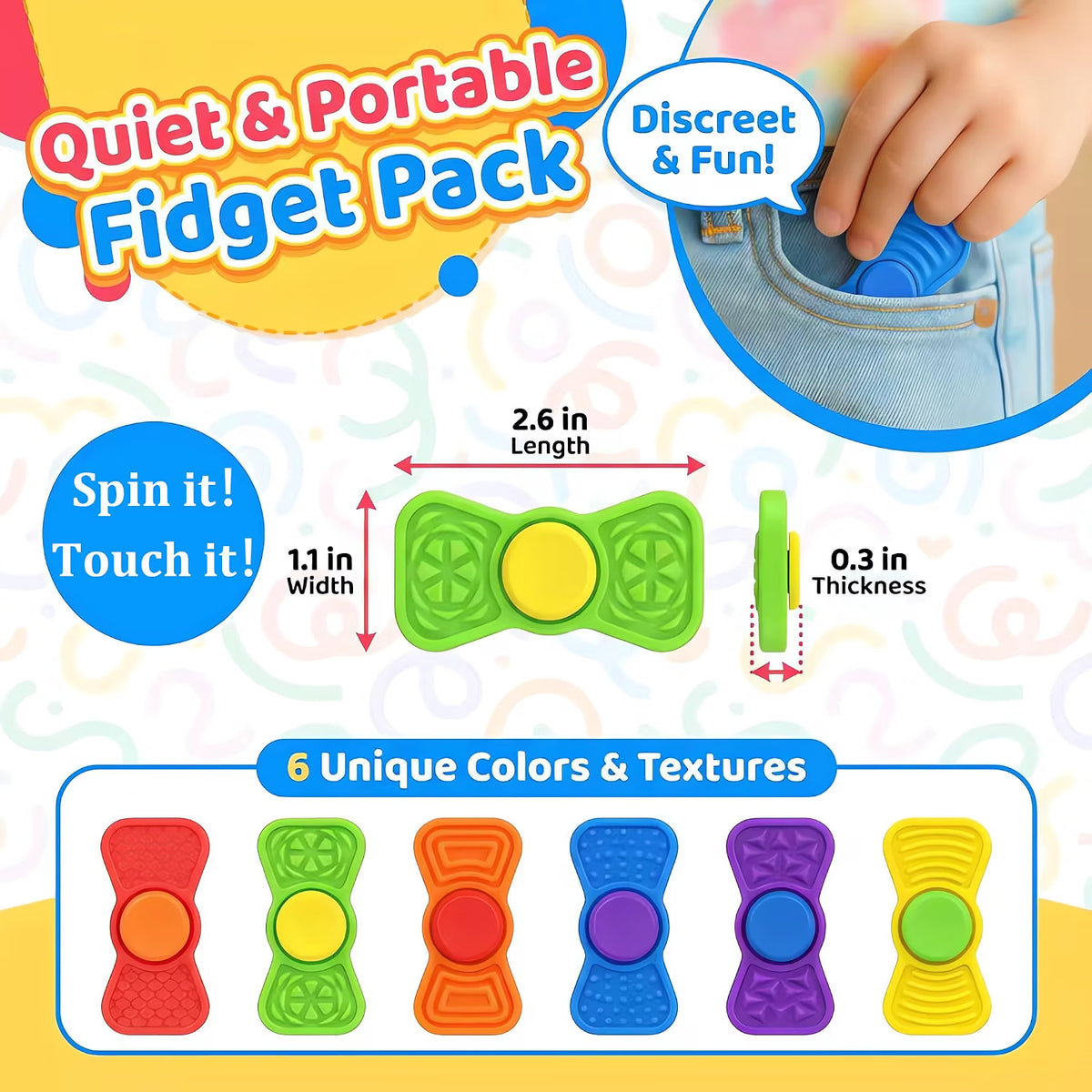 二合一矽膠觸感指尖陀螺 2-in-1 Textured Silicone Fidget Spinners (Pack of 6)