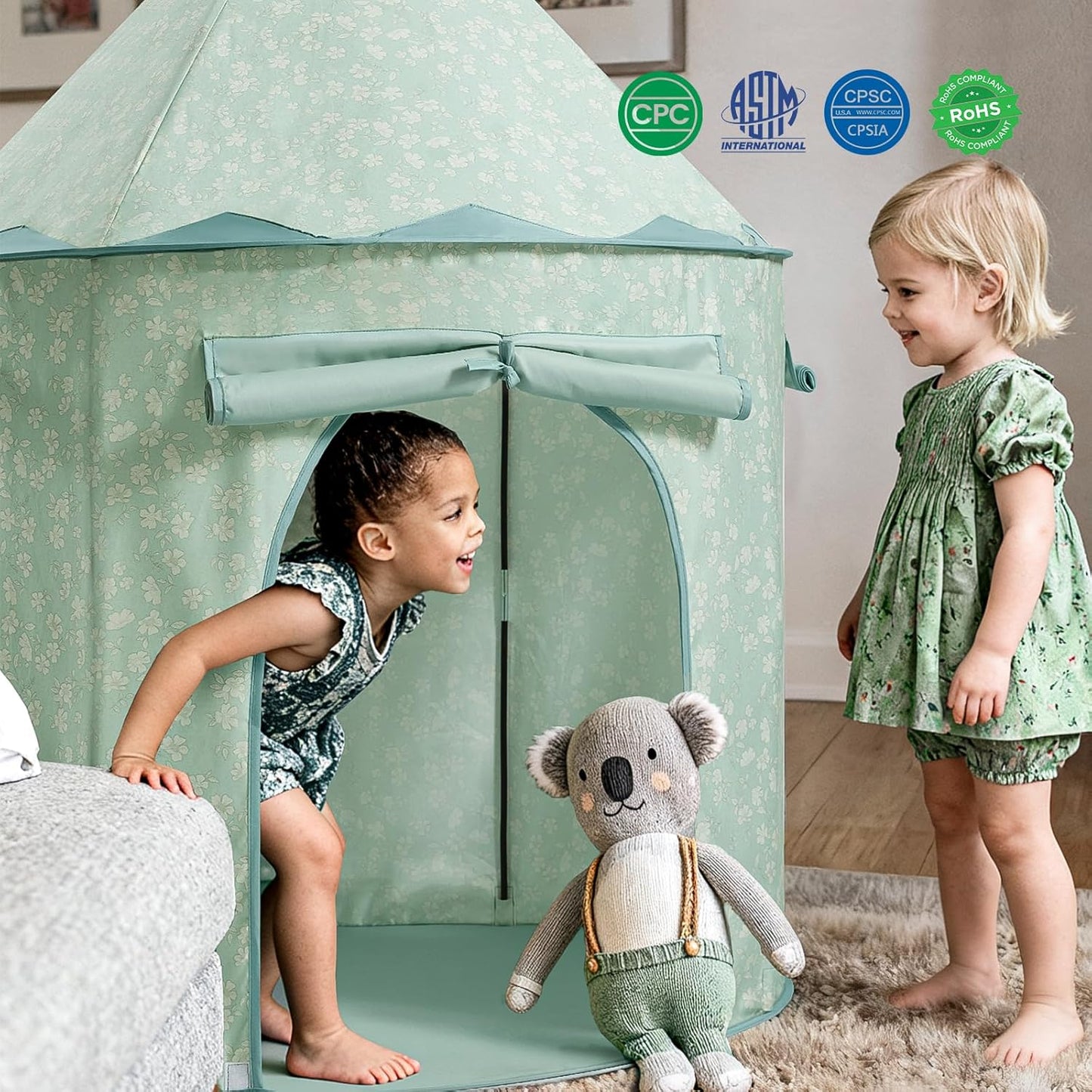 清新粉綠花卉兒童遊戲帳篷 Green Floral Play Tent for Kids - Portable Indoor Playhouse