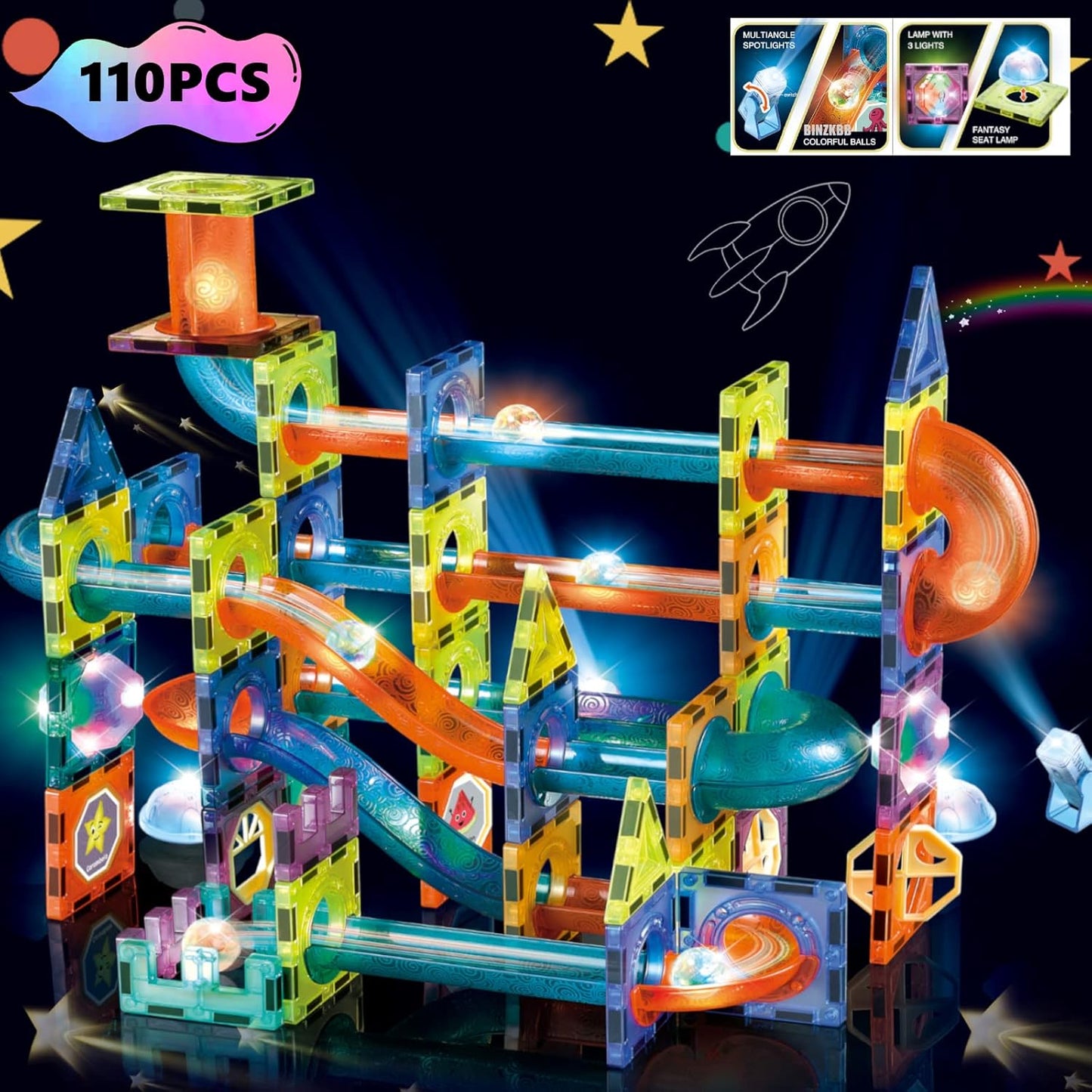夜光磁力滾珠建構積木 110片 Glow-in-the-Dark Magnetic Marble Run 110-Piece