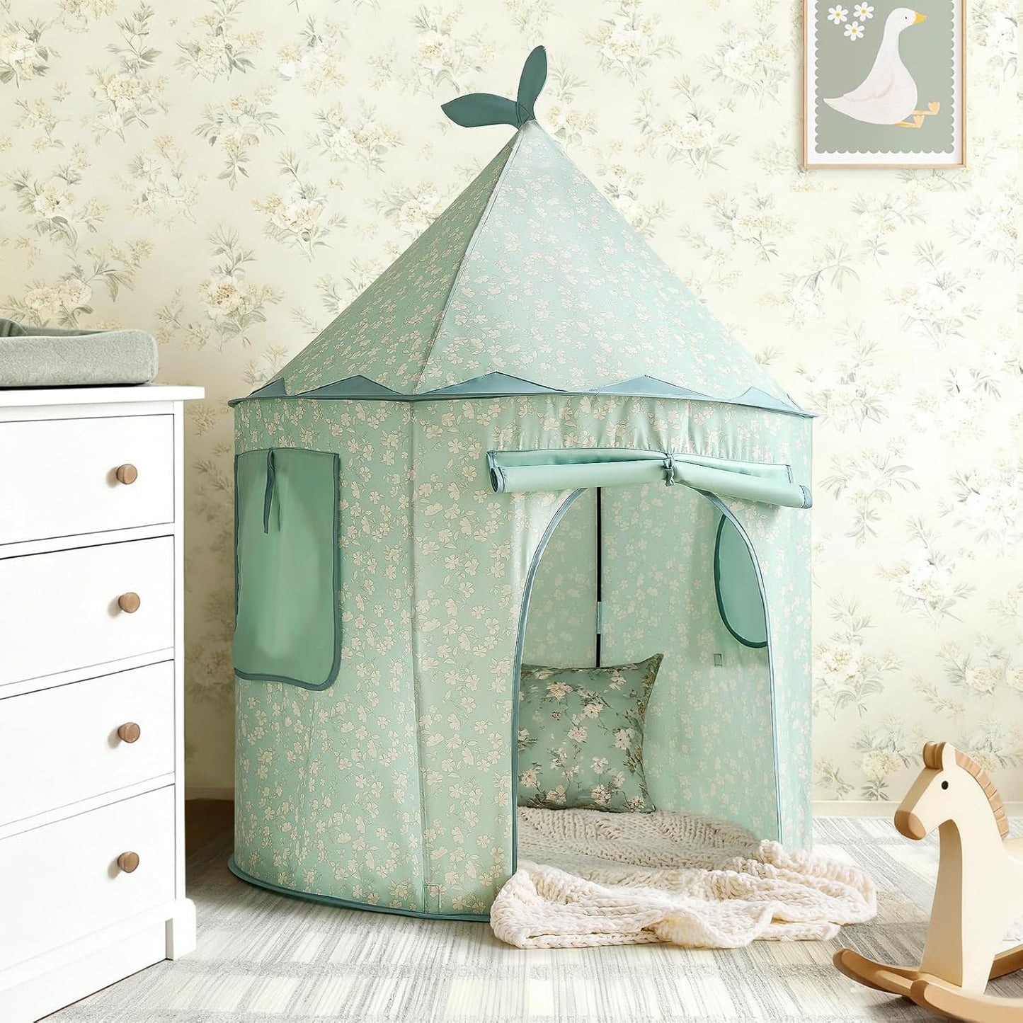 清新粉綠花卉兒童遊戲帳篷 Green Floral Play Tent for Kids - Portable Indoor Playhouse