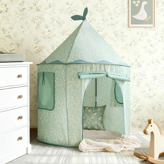 清新粉綠花卉兒童遊戲帳篷 Green Floral Play Tent for Kids - Portable Indoor Playhouse