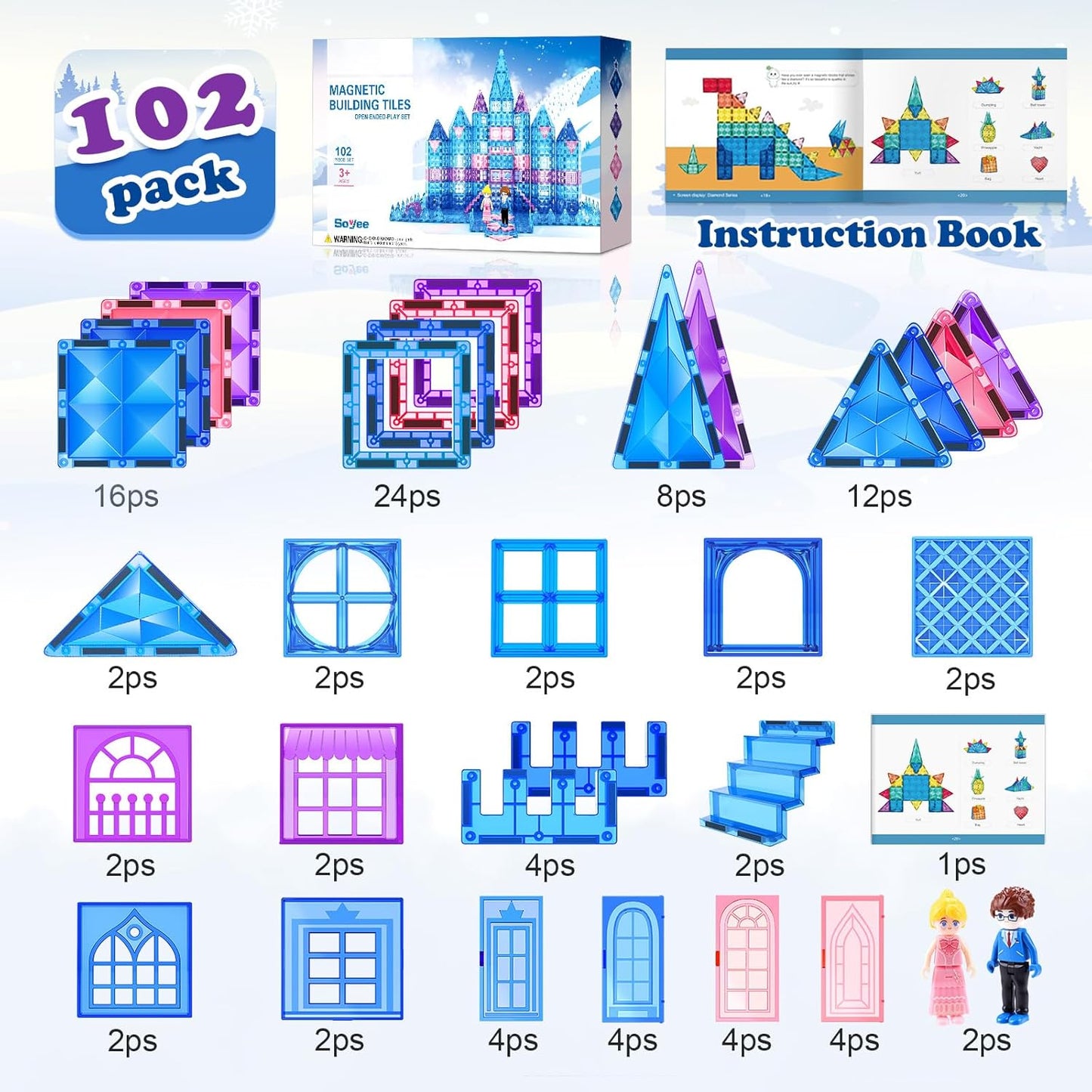 冰雪公主磁力片 102件城堡建造組 Ice Princess Magnetic Tiles 102pcs Castle Building Set