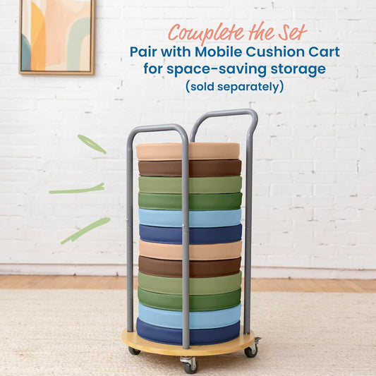 ECR4Kids SoftZone 圓形地板坐墊+移動收納推車組 (大地色系) Floor Cushions + Mobile Storage Cart Set (Earth Tones)