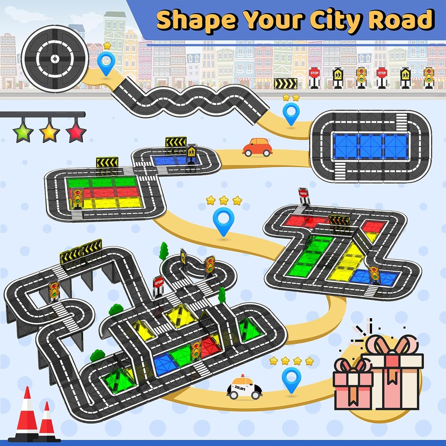 城市交通磁力片道路組 38件 Magnetic Road Tiles Set 38 PCS