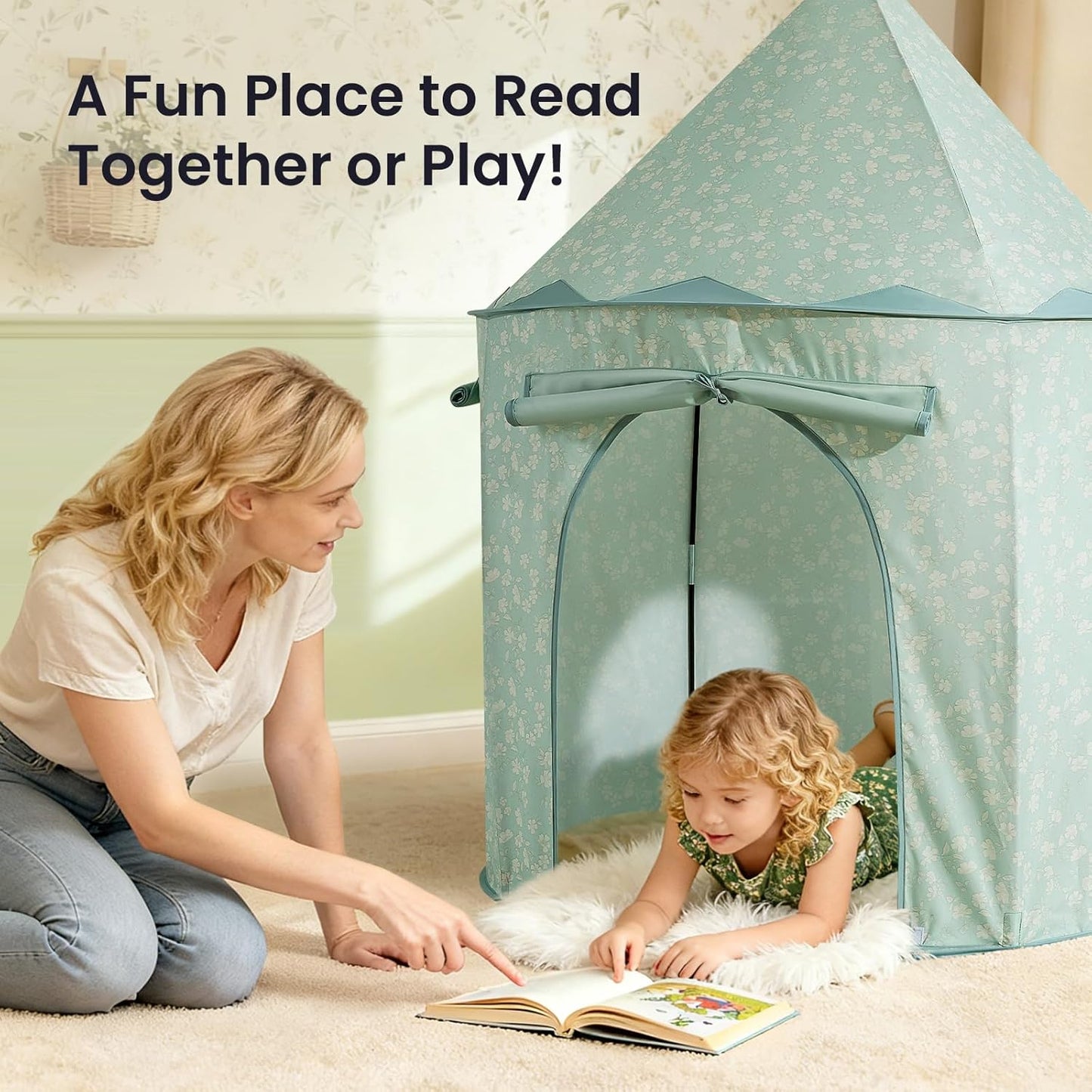 清新粉綠花卉兒童遊戲帳篷 Green Floral Play Tent for Kids - Portable Indoor Playhouse