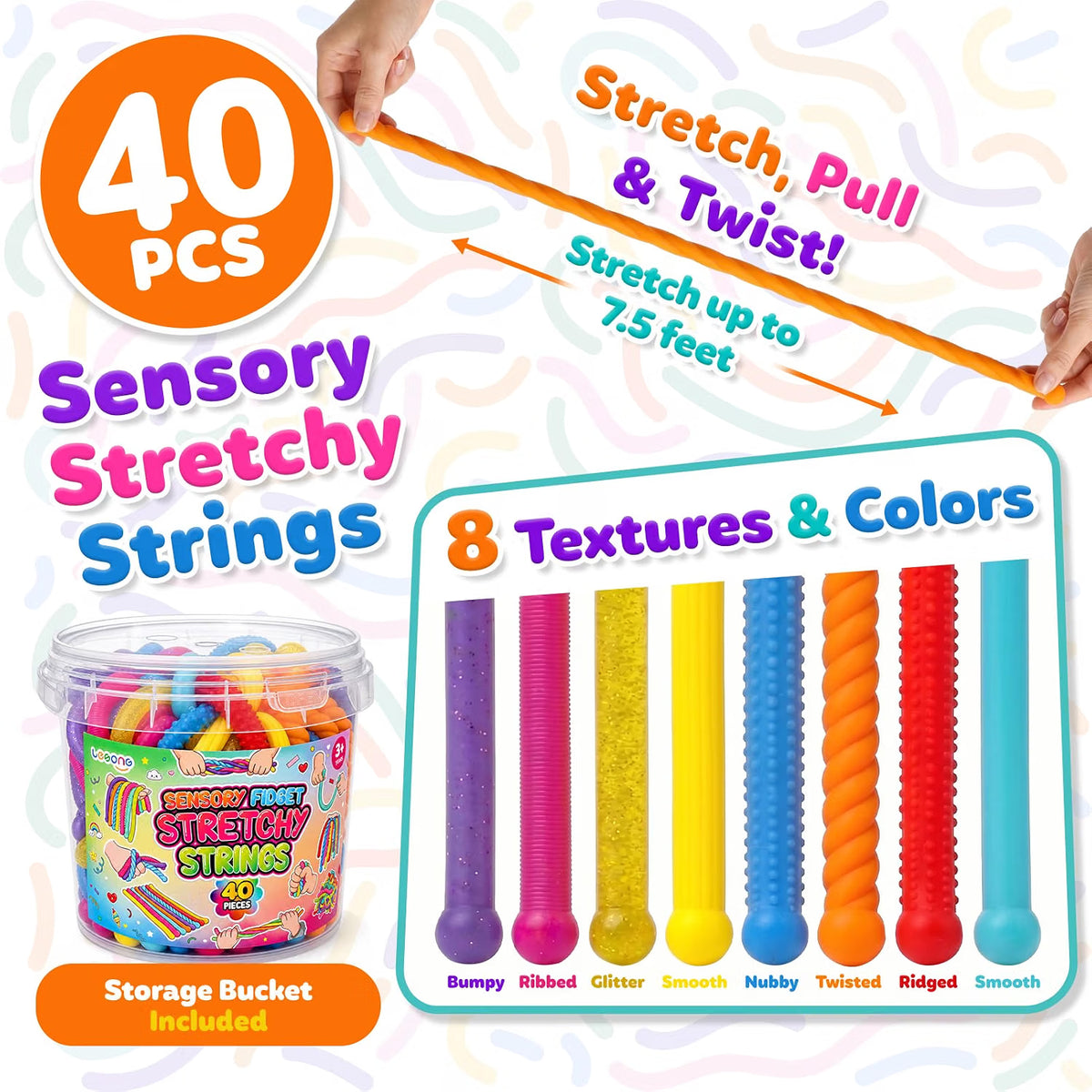 LESONG 凸紋彈力拉伸麵條連收納桶 Textured Stretchy Noodle Fidgets with Bucket (Pack of 40)
