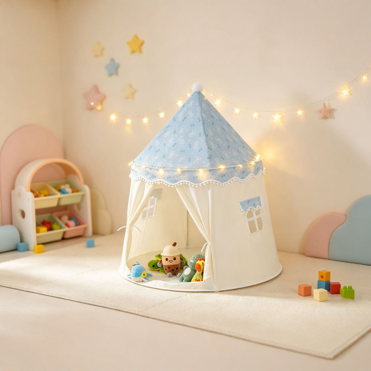 蝴蝶結蒙古包帳篷（藍白色）110×110×130cm Bow Print Kids' Play Tent (Blue)