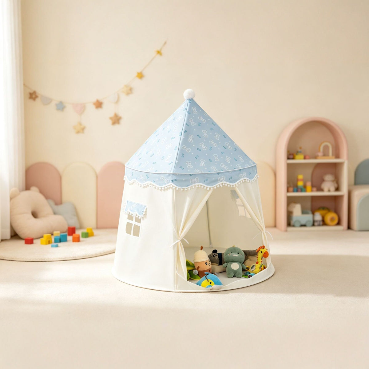 蝴蝶結蒙古包帳篷（藍白色）110×110×130cm Bow Print Kids' Play Tent (Blue)