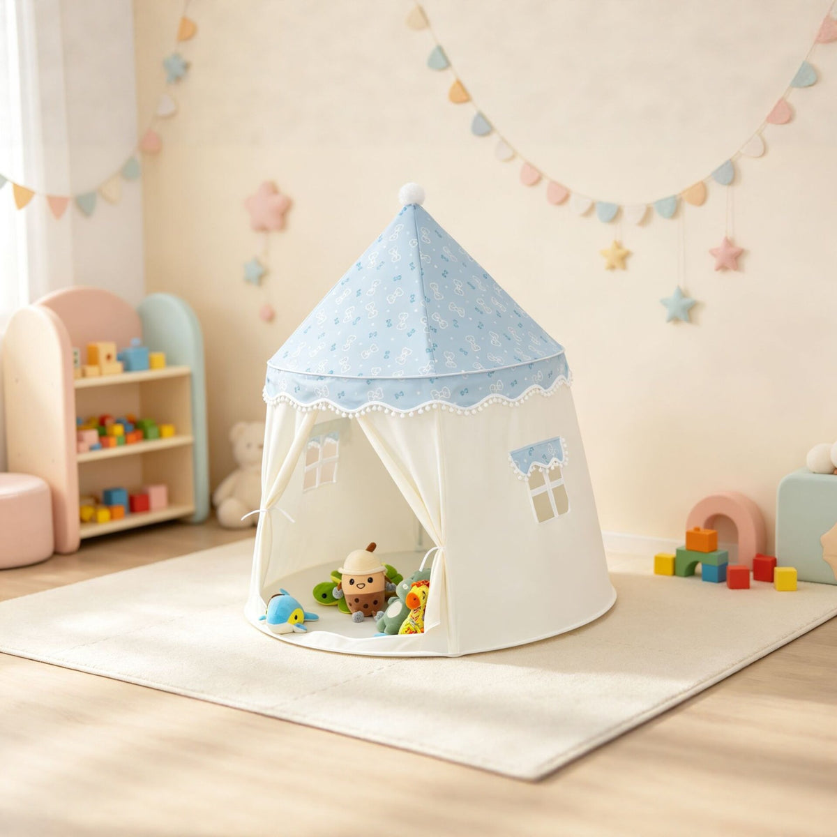 蝴蝶結蒙古包帳篷（藍白色）110×110×130cm Bow Print Kids' Play Tent (Blue)