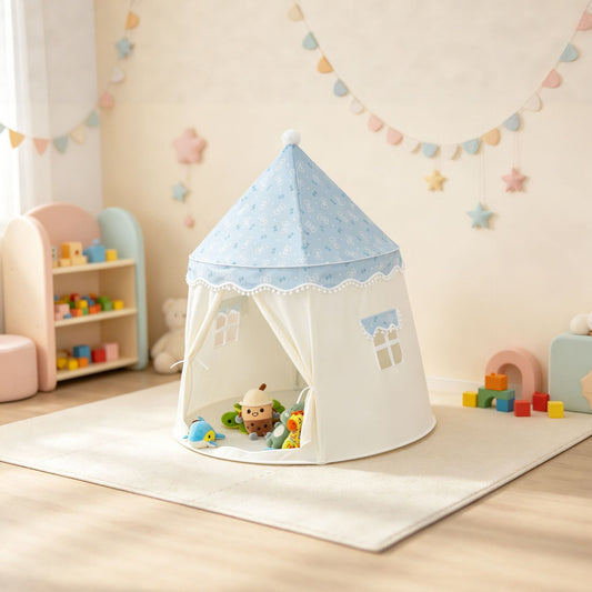 蝴蝶結蒙古包帳篷（藍白色）110×110×130cm Bow Print Kids' Play Tent (Blue)
